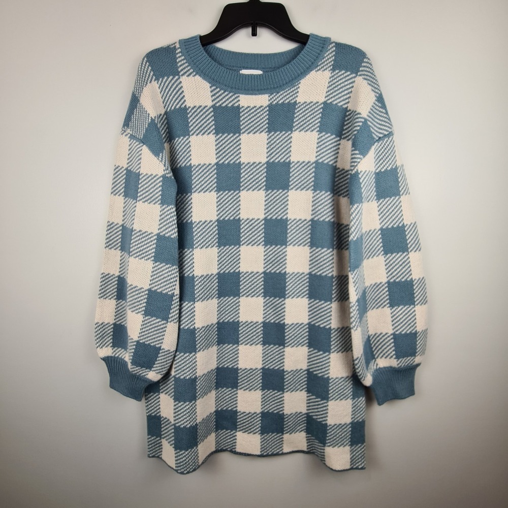 LPA Floyd Sweater Dress Plaid Dusty Blue & Ivory Small Balloon Sleeve Classy